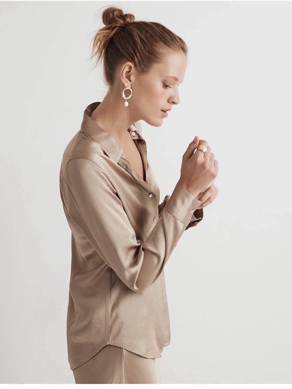 Madewell Sz 2 Darted Button-Up Shirt in Satin Matchstick Tan Brown